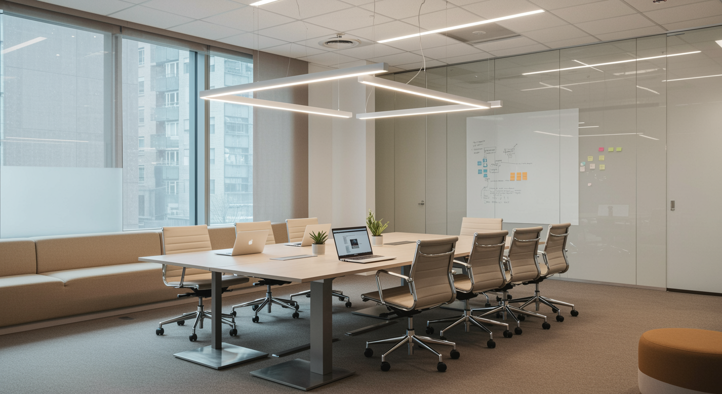 Professional modern office workspace for lead generation marketing agency, highlighting a clean conference table and contemporary atmosphere