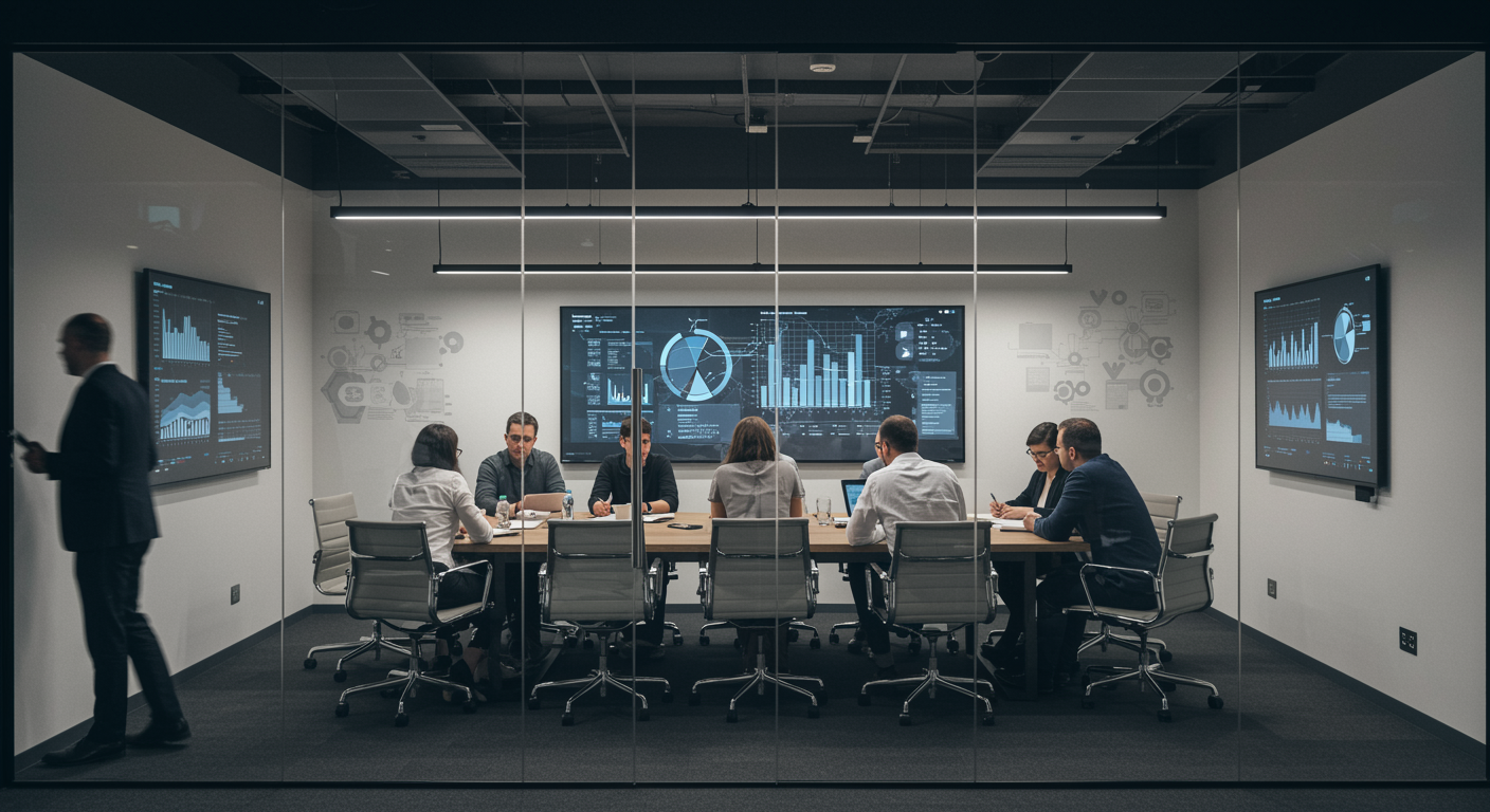 Modern lead generation marketing agency office with collaborative workspace and digital marketing charts