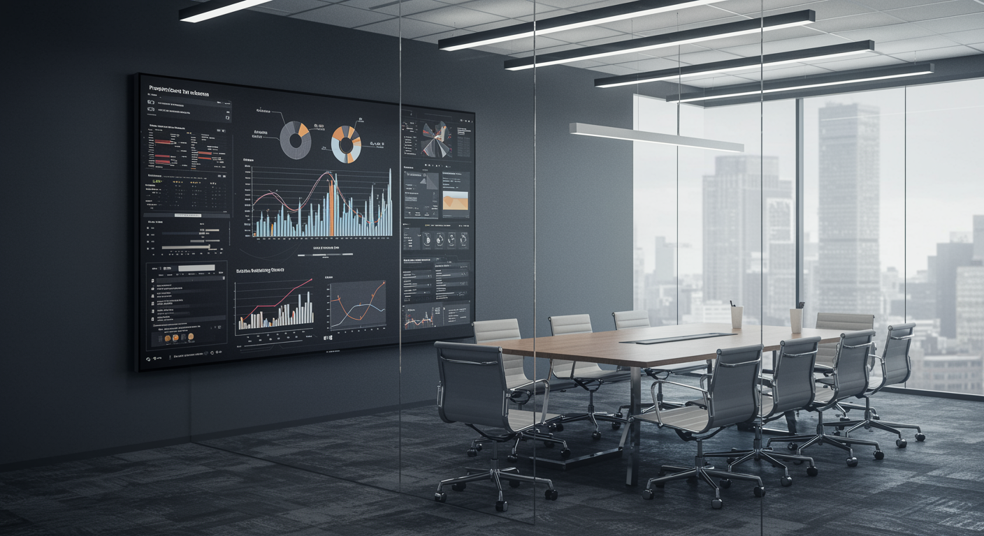 Modern marketing agency meeting room showcasing digital lead generation and analytics tools in a bright, professional office environment