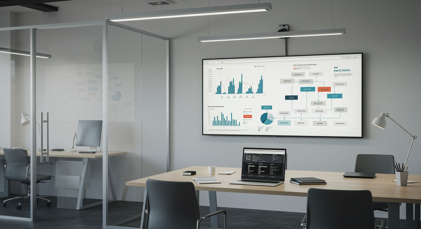 Professional marketing agency workspace with digital lead analytics display and modern office environment