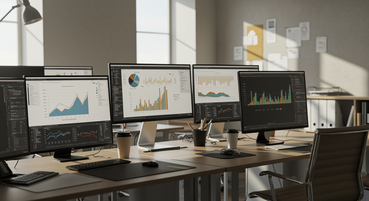 Modern lead generation marketing agency office with analytics on computer monitors and tidy workspace