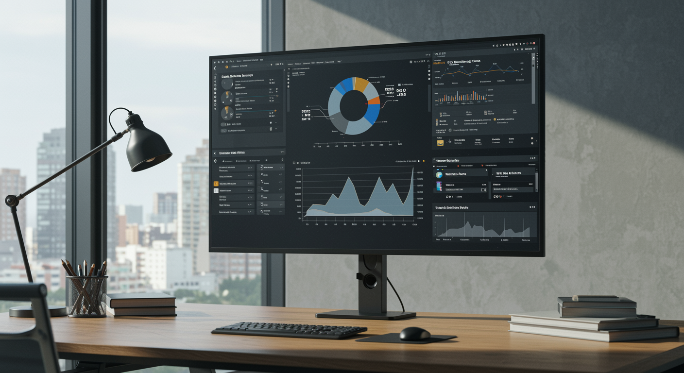 Modern office with digital marketing analytics dashboard illustrating pay per click advertising results for a lead generation marketing agency