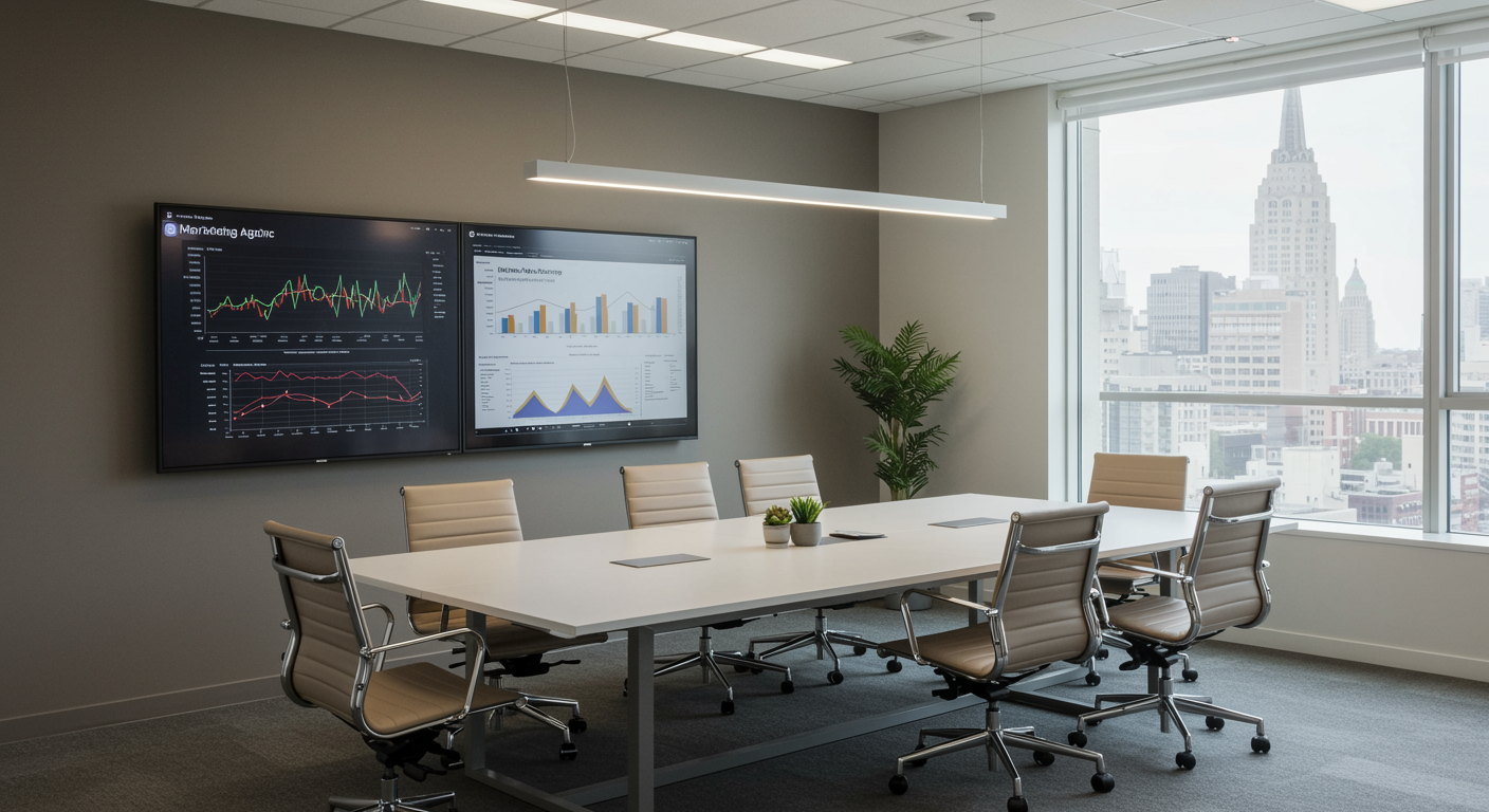 professional lead generation marketing agency office with modern meeting area, digital screens displaying analytics, and organized workspace