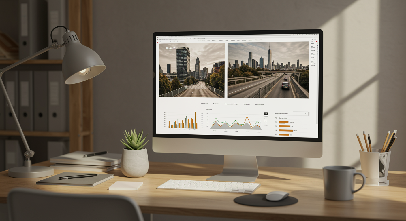 Modern office workspace with a computer monitor showing lead generation marketing website and analytics, clean and bright atmosphere