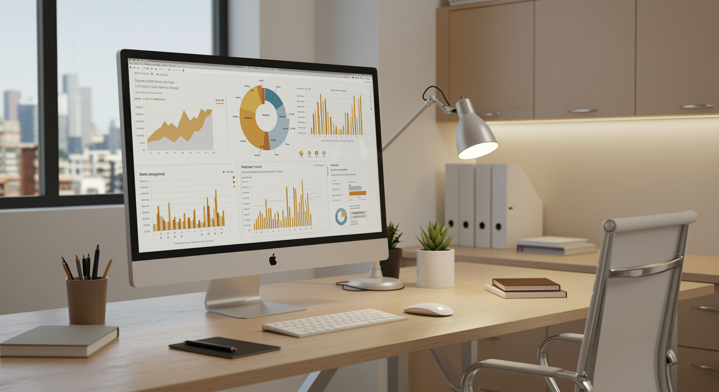 Modern marketing agency workspace with analytics on screen representing lead generation and answer engine optimization services