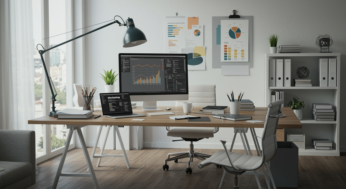 Modern marketing agency office with professional workspace and digital analytics display, representing expert content writing services