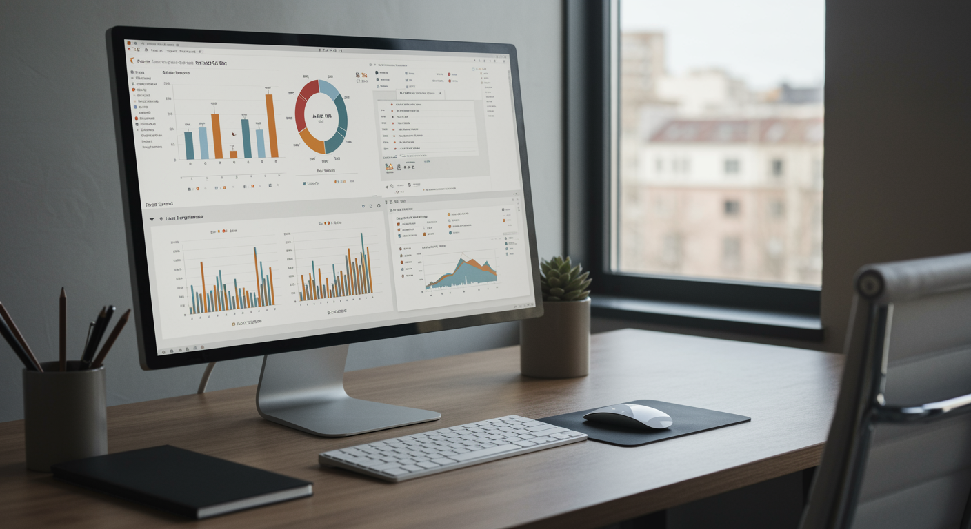 Modern marketing agency workspace showing analytics dashboard and lead generation performance charts for professional lead generation services