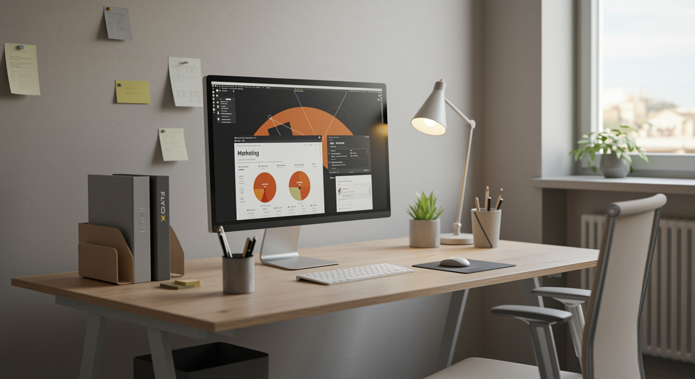 Modern marketing agency workspace with a computer showing a lead generation dashboard, organized office environment in neutral colors