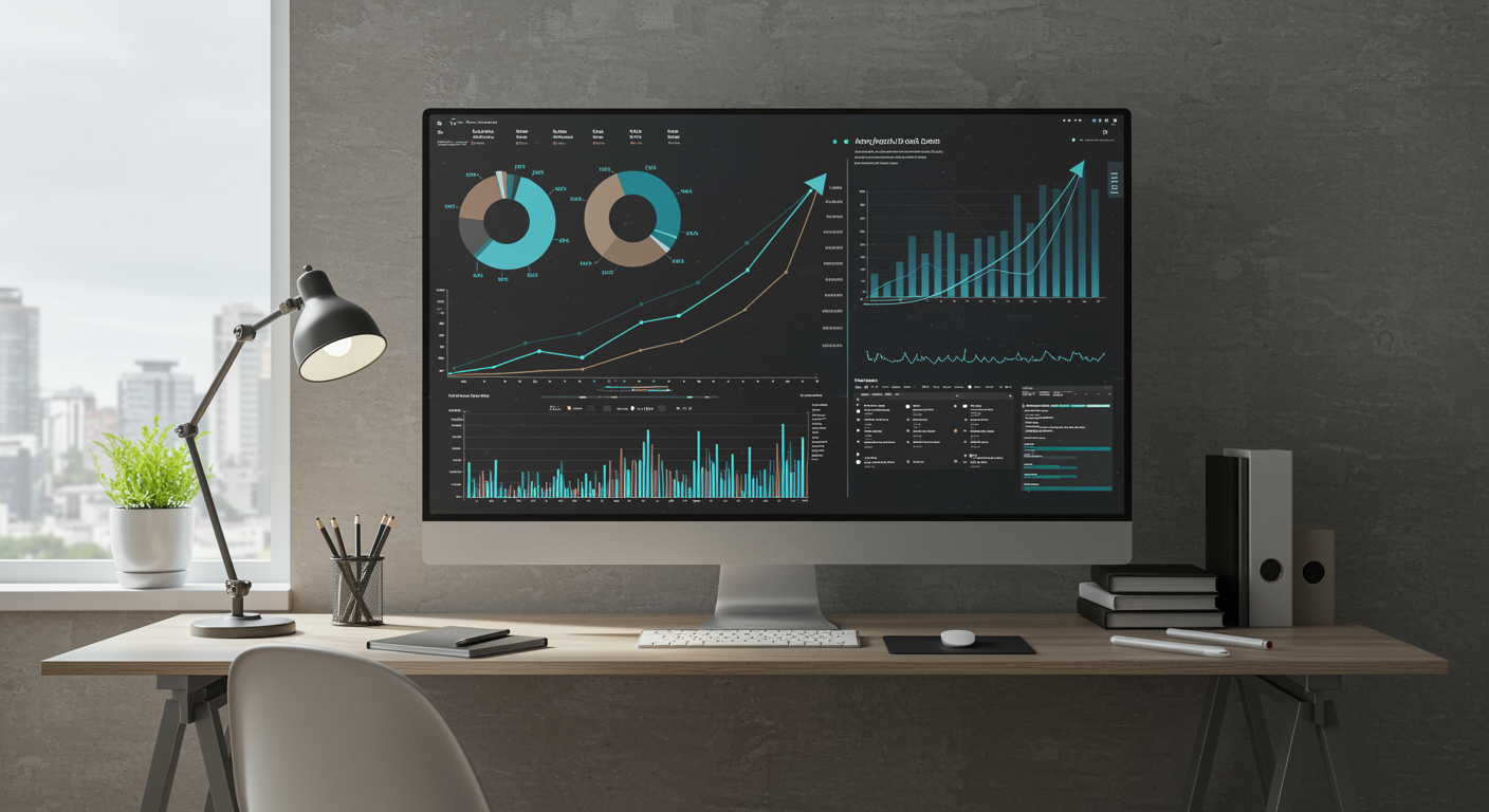 Modern lead generation marketing agency office with digital analytics dashboard and organized workspace