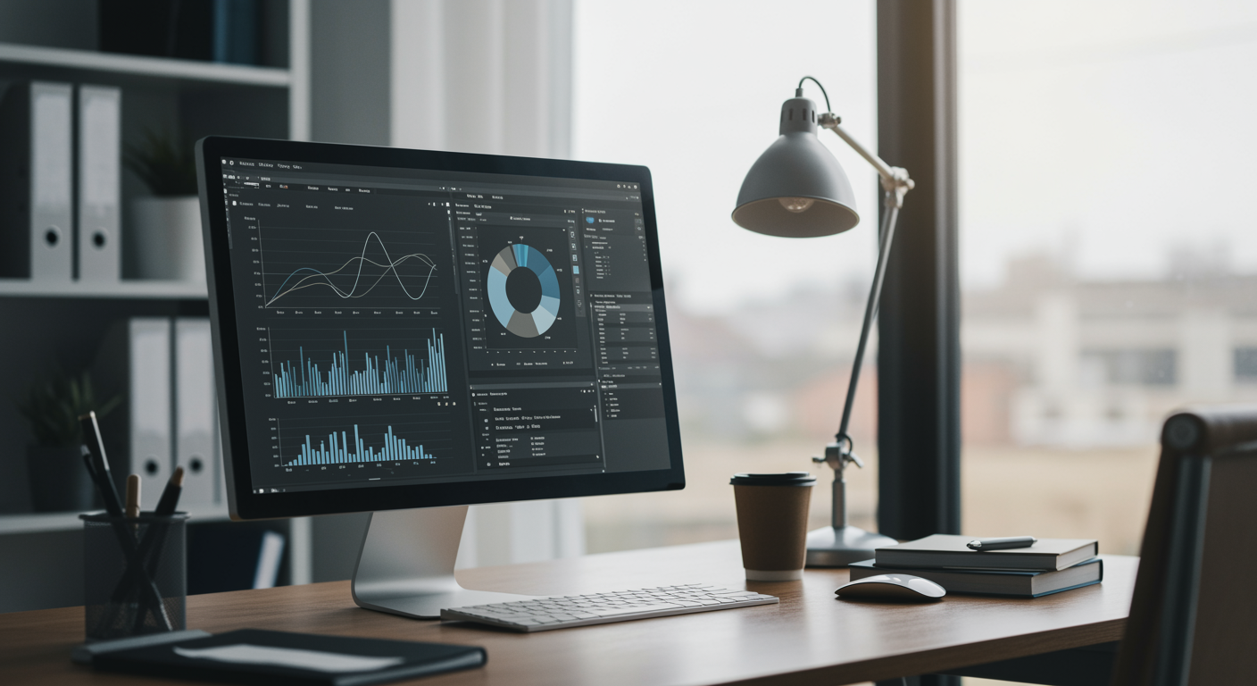 modern marketing agency workspace with computer showing lead generation analytics, soft lighting, and neutral office decor