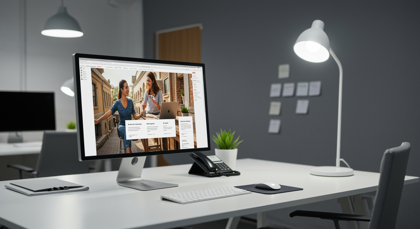 Modern marketing agency workspace with computer displaying website design, highlighting a professional lead generation service environment
