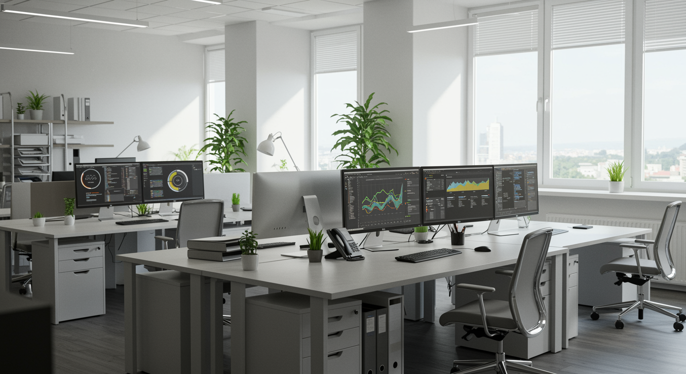 Immaculate modern office workspace with digital analytics displays and bright natural lighting, highlighting a professional environment for a lead generation marketing agency