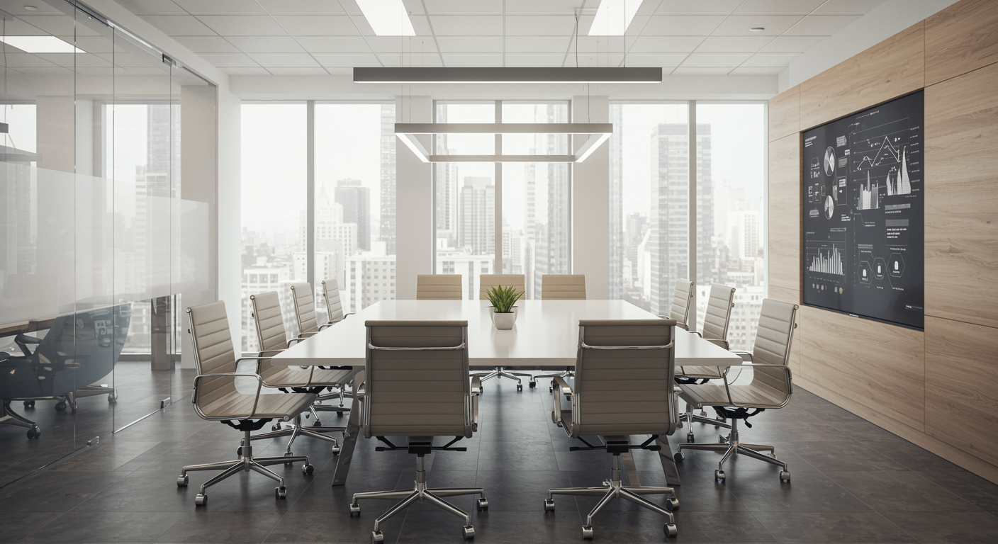 Modern office space with large meeting table and digital screen, representing professional content writing environment for a lead generation marketing agency