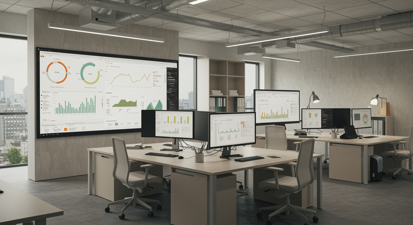 Modern marketing agency workspace with digital screens showing lead generation analytics and optimized online profiles, organized and professional atmosphere