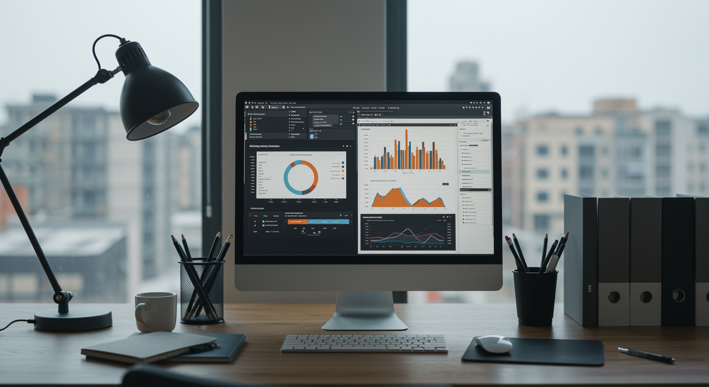 Contemporary office workspace with a computer monitor showing marketing campaign analytics, symbolizing effective pay per click advertising for commercial cleaning contracts by a lead generation marketing agency