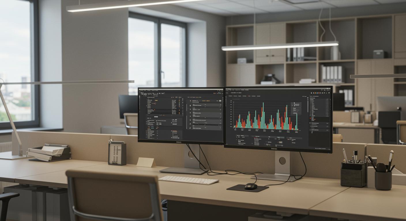 Modern organized office with analytics dashboard on computer monitor representing SEO and lead generation services