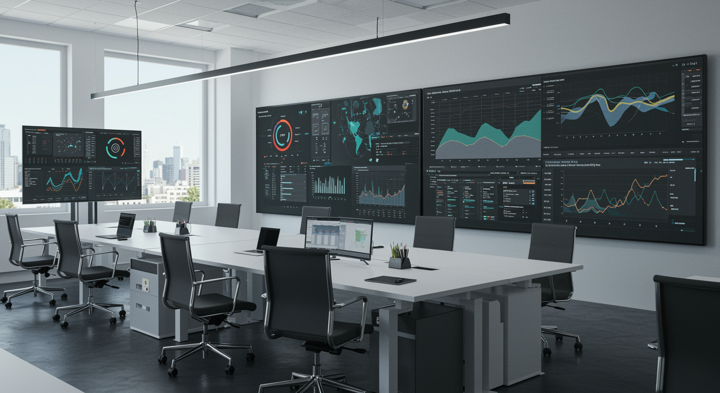 Bright, modern lead generation marketing agency workspace featuring digital screens with analytics and charts