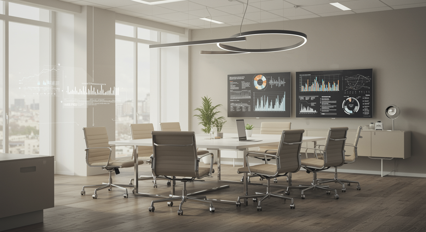 Modern collaborative office space with marketing analytics screens and professional seating, representing digital marketing and lead generation services