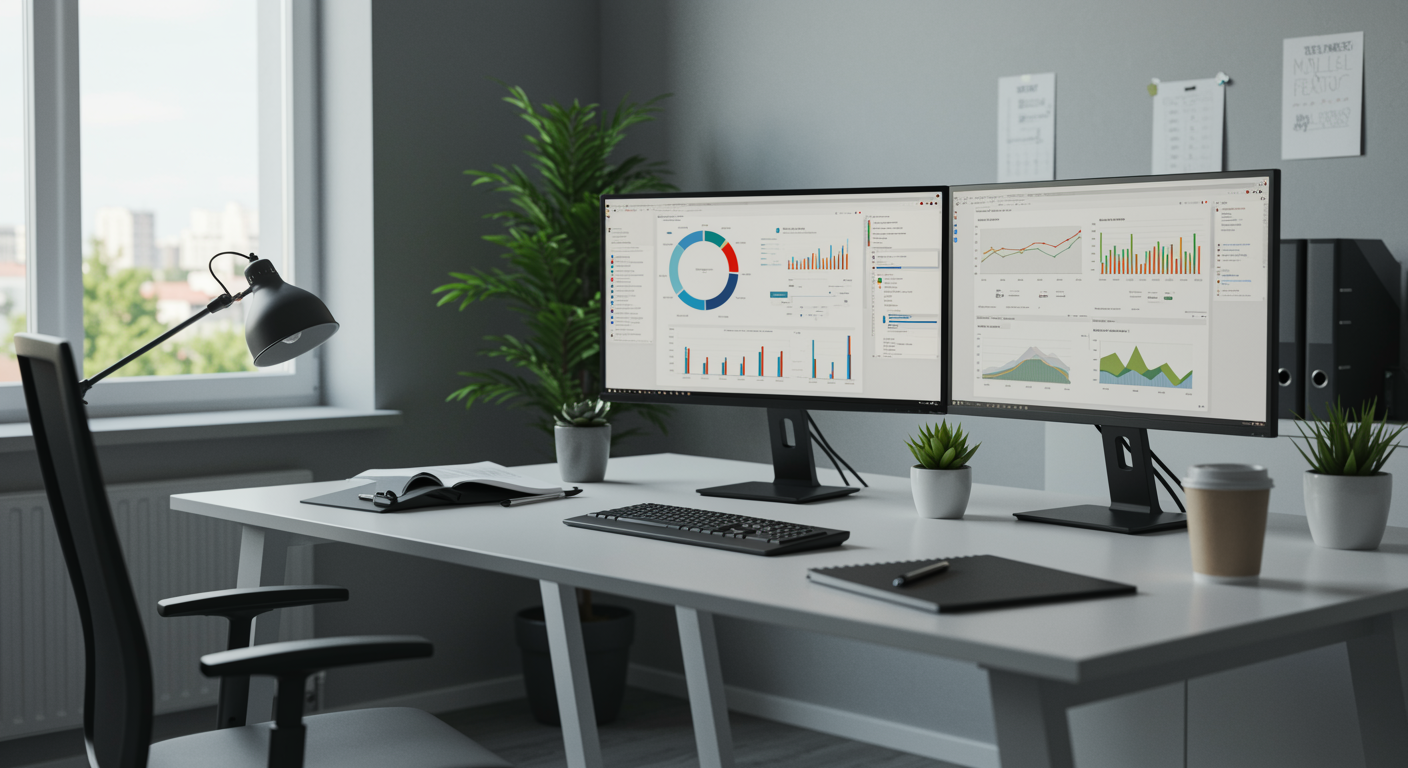 Professional workspace showing computer screens with lead generation analytics and marketing results for a lead generation marketing agency