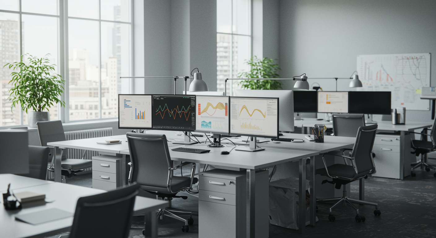 Modern lead generation agency workspace with contemporary desks, computer monitors showing marketing data, and stylish professional decor