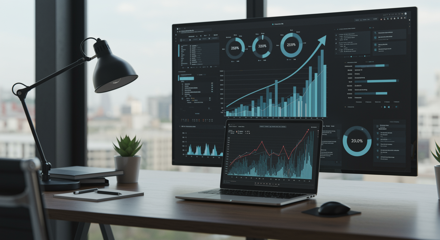 modern marketing agency office with digital analytics dashboard and organized workspace illustrating successful commercial paving seo lead generation