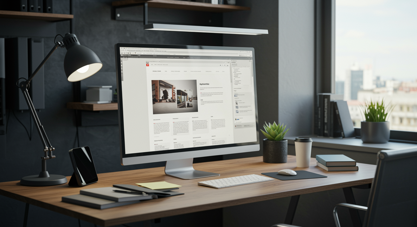 Modern office workspace with open web design layout displayed on computer screen, representing web development services for a lead generation marketing agency