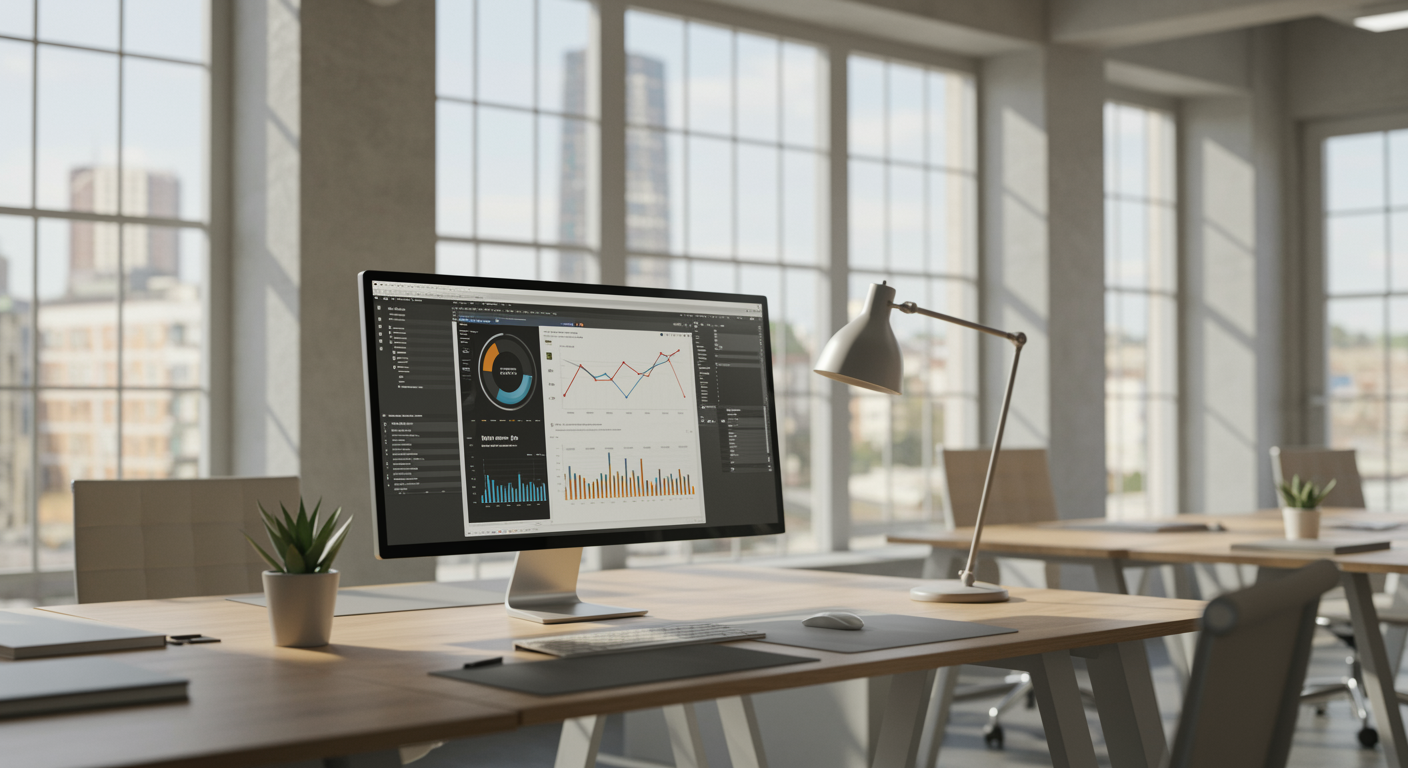 Modern marketing agency workspace with analytics dashboard showcasing answer engine optimization services, professional office environment