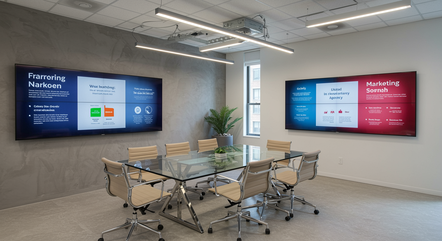 Modern marketing agency conference room with glass table and digital screens, bright natural light, and contemporary decor for commercial lead generation services