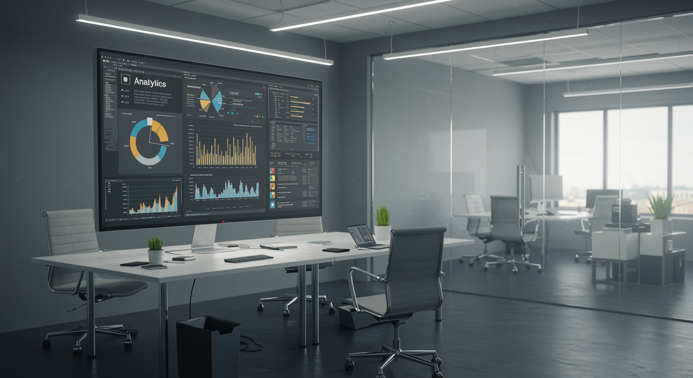 Modern office with digital dashboard showing analytics for local SEO and lead generation marketing agency