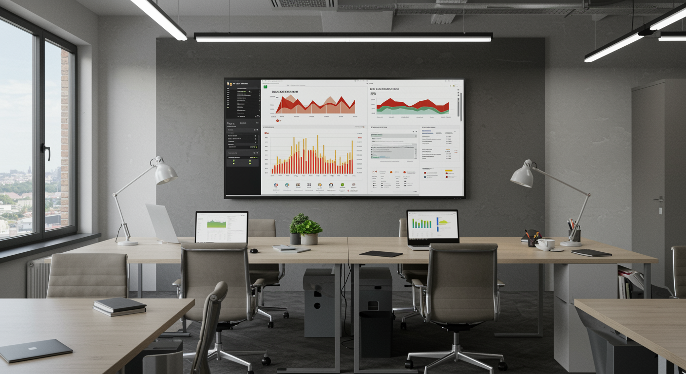 Modern lead generation marketing agency office with digital lead tracking dashboard and organized, contemporary workspace