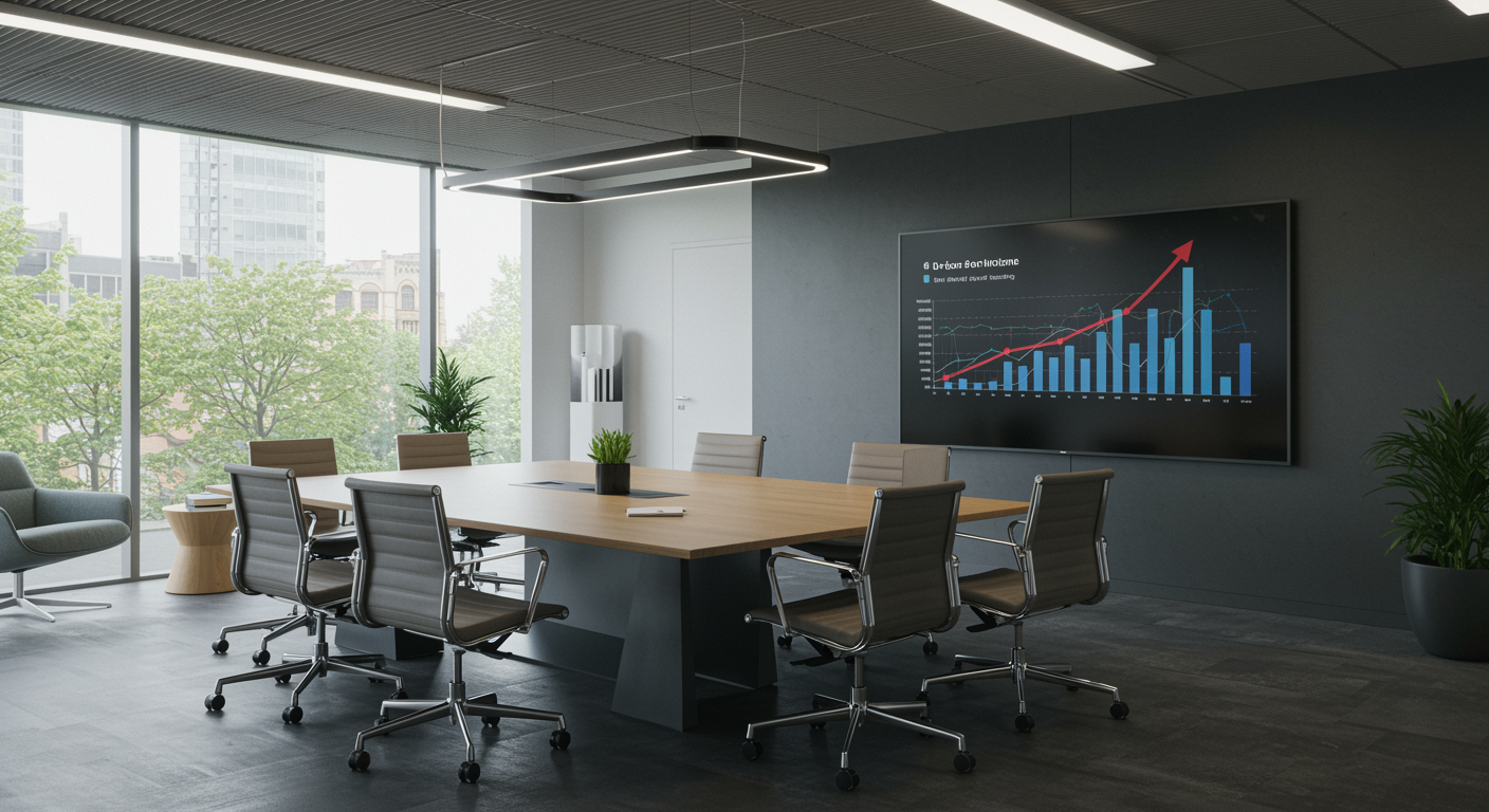 Lead generation marketing agency modern meeting space with digital screen showing growth charts and a clean, professional workspace