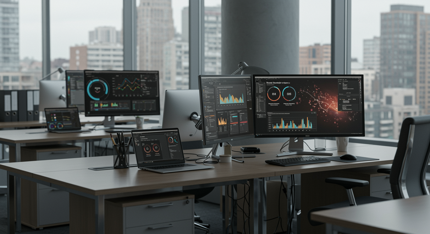 Contemporary marketing agency office with organized workstations, dual monitors showing lead generation and SEO analytics, bright natural lighting and modern décor