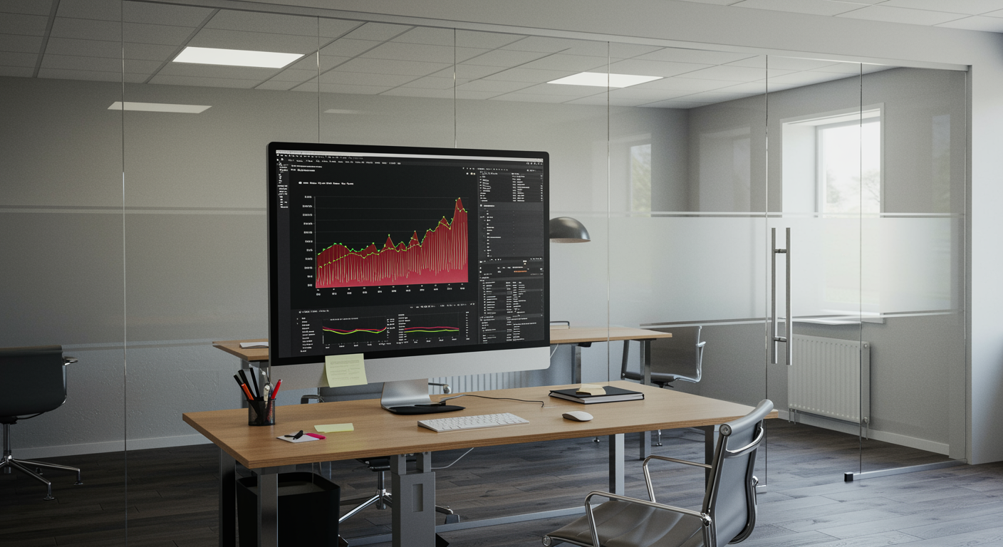 Modern office scene with analytics dashboard on computer, representing lead generation and answer engine optimization services