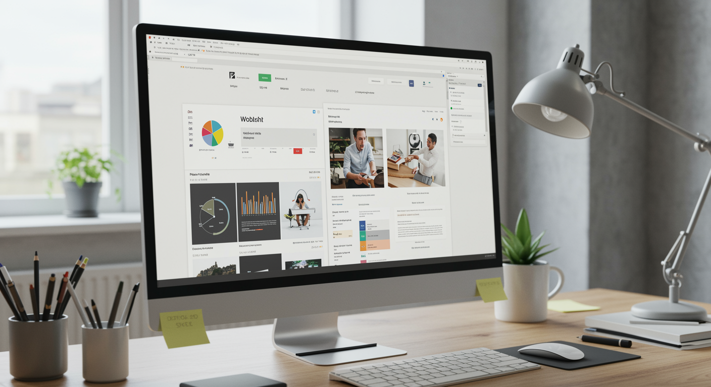 Modern digital marketing agency workspace with computer screen displaying content analytics for lead generation services