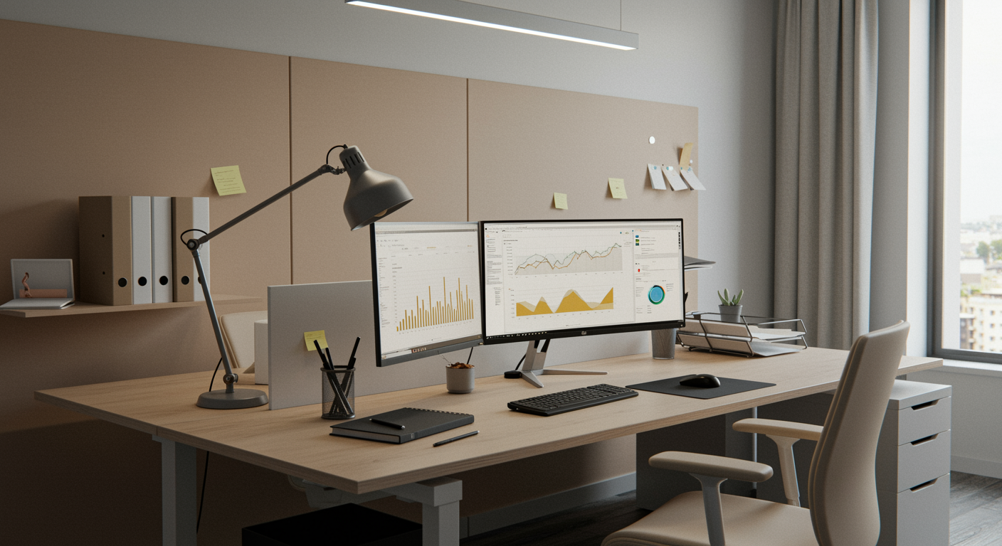 Modern lead generation marketing agency workspace featuring organized desks and analytics displays