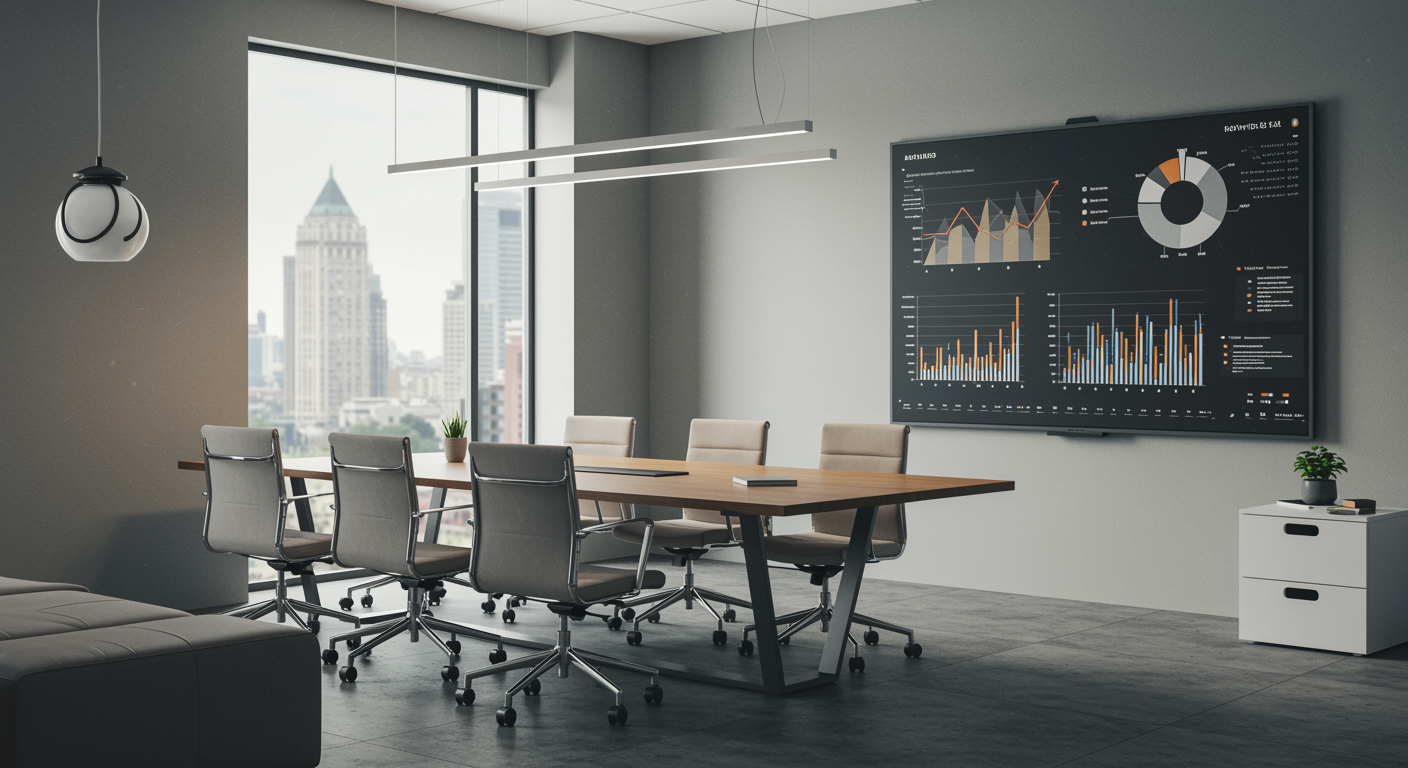 Contemporary marketing agency conference room with analytic data on screen, showcasing professional lead generation services