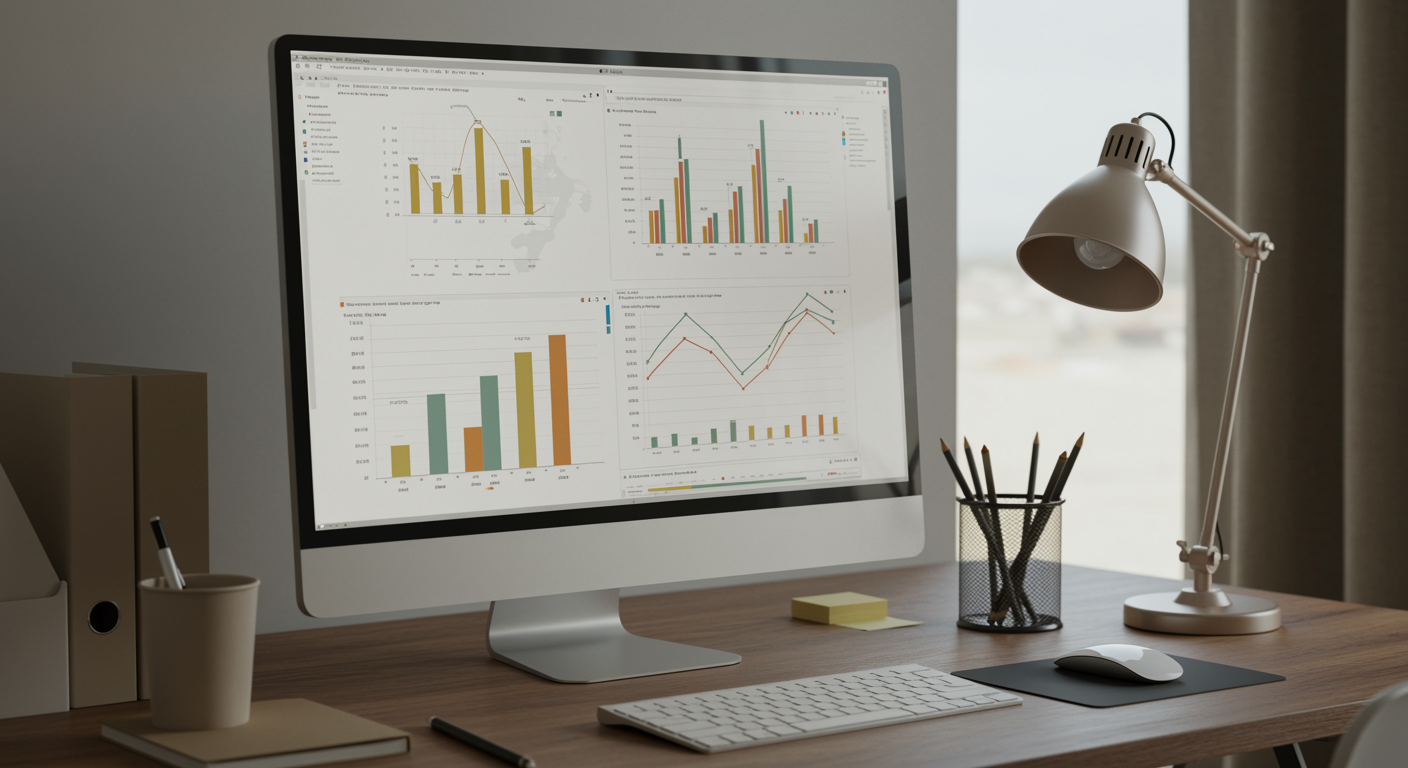 Modern office workspace with computer showing analytics dashboard, representing local SEO services by a lead generation marketing agency