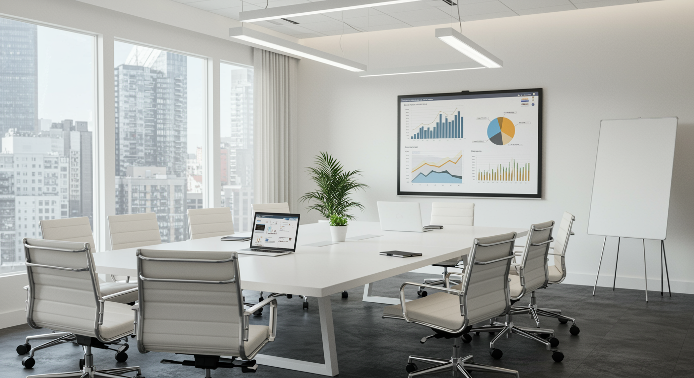 Modern lead generation marketing agency conference room with digital charts on screen and clean professional workspace