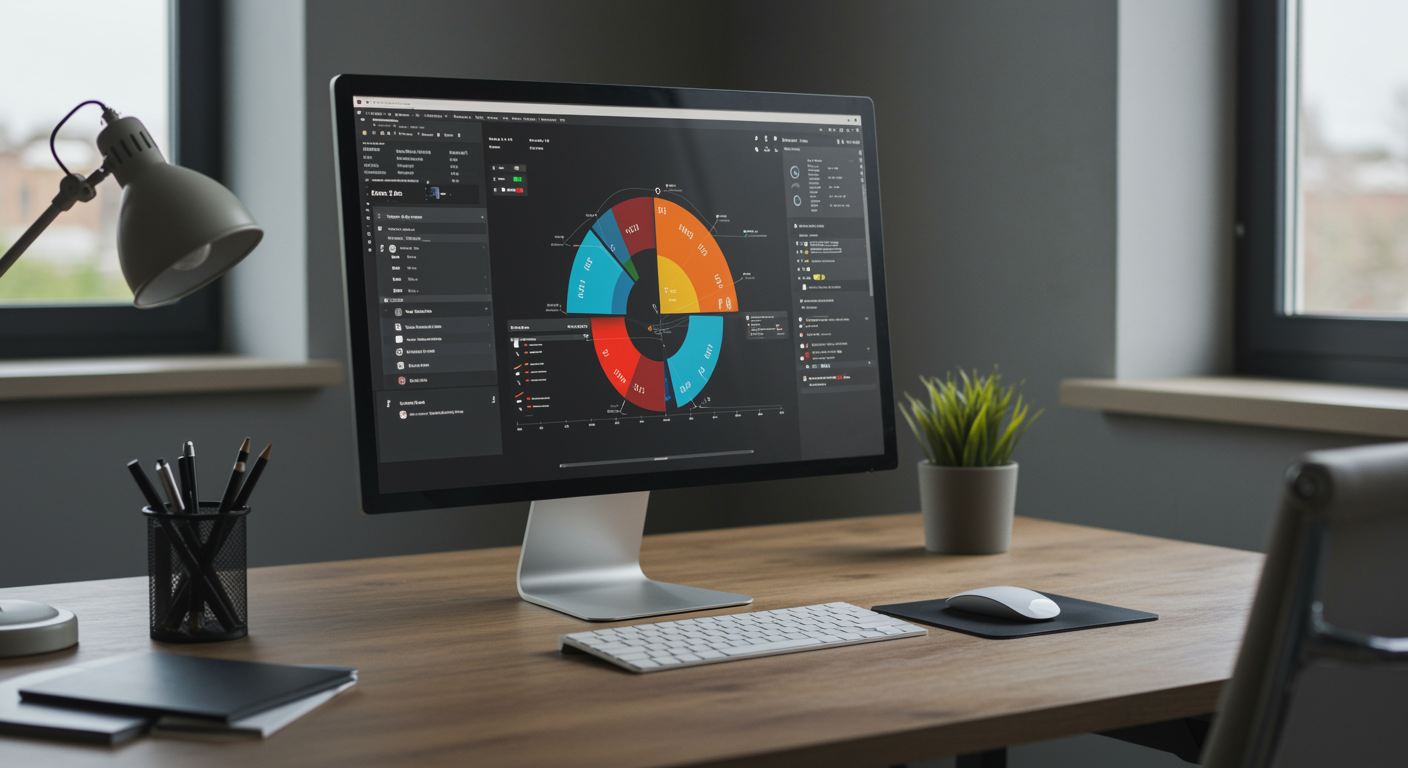 Modern lead generation marketing agency workspace with digital marketing analytics on computer monitor and stylish contemporary office decor