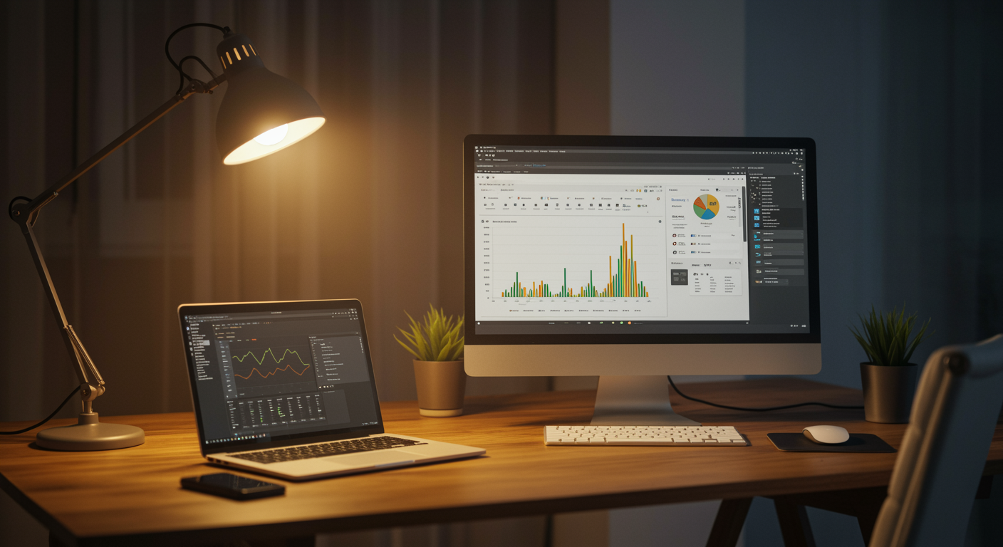 Contemporary office with computer displaying lead generation and answer engine optimization results for a marketing agency