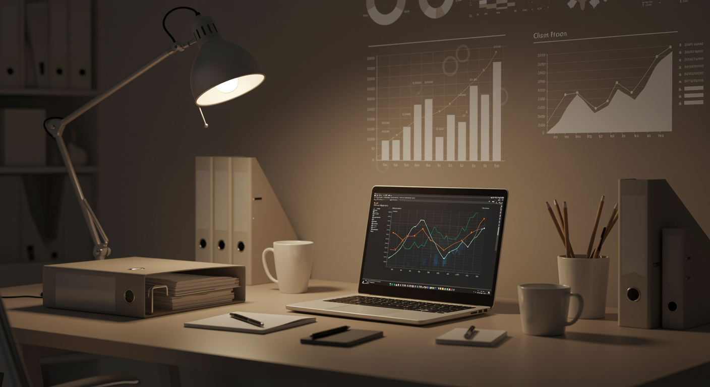 Contemporary digital marketing office with stylish desk, laptop, and analytics screens representing professional lead generation and content writing services