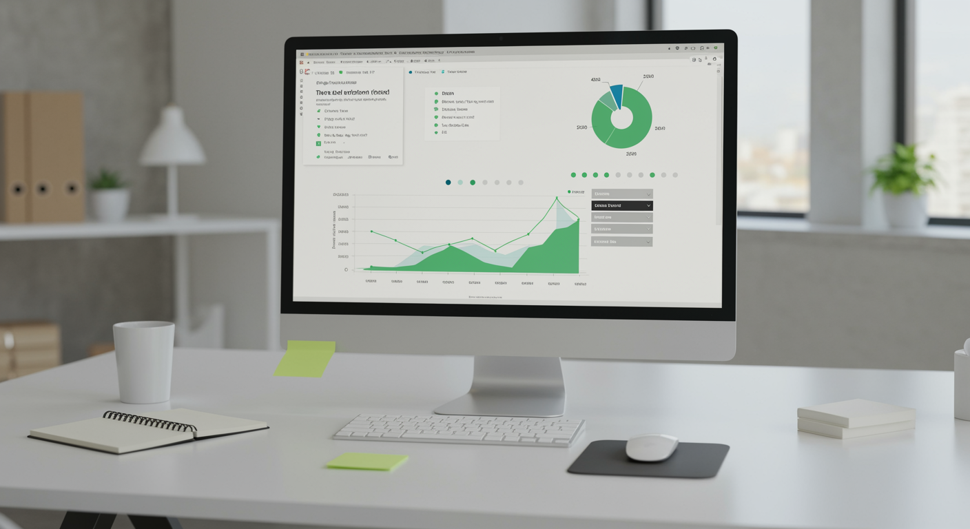 Modern lead generation marketing agency office workspace with computer monitor displaying data dashboard and conversion graph