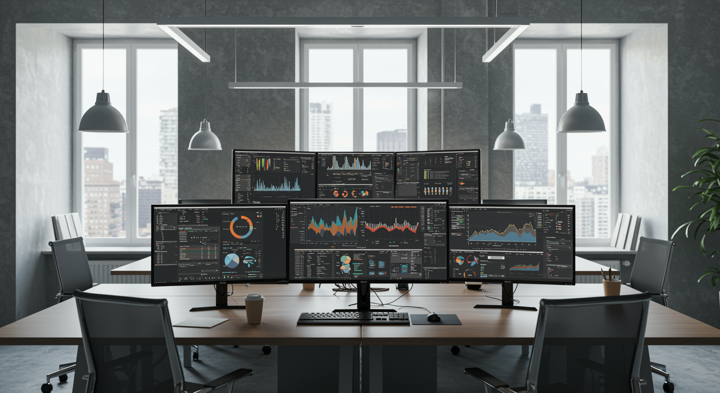 Contemporary office with digital marketing dashboards on screens, representing lead generation and SEO services from a marketing agency