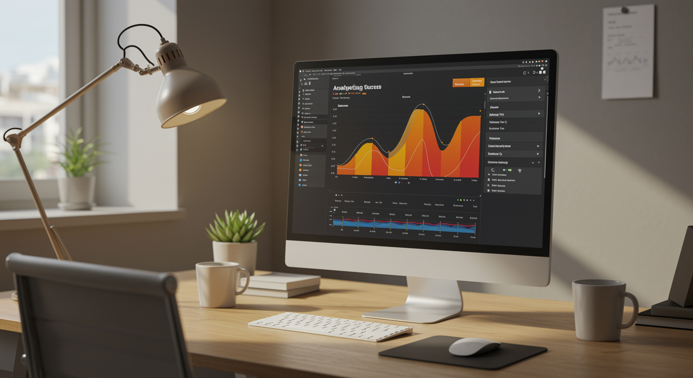 Modern workspace with computer showing analytics dashboard for pay per click advertising, styled for a lead generation marketing agency