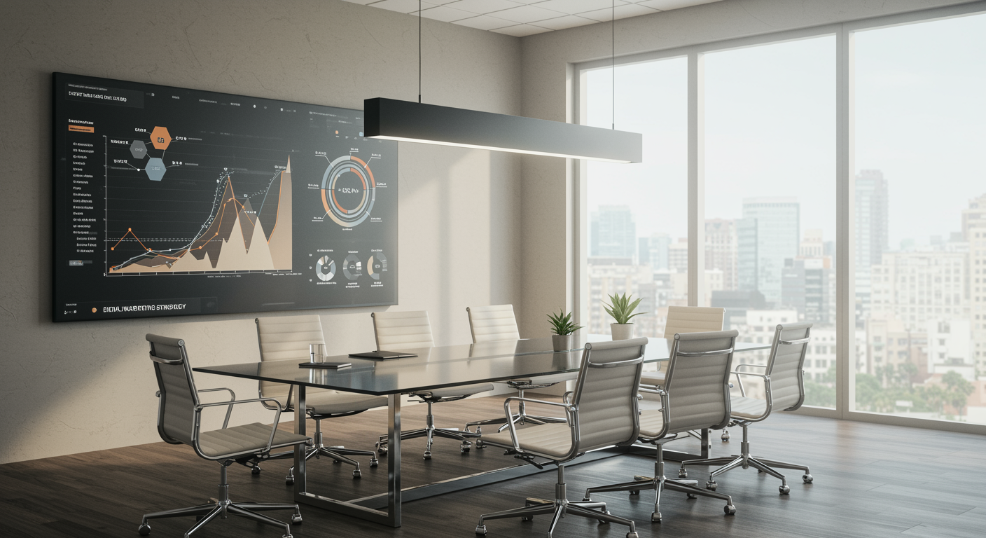 Modern marketing agency meeting room with digital strategy graphs and bright natural light
