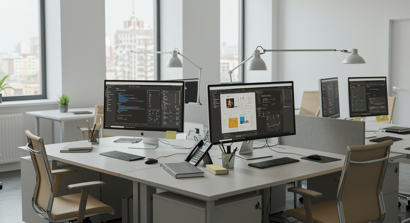 Modern lead generation marketing agency workspace with organized desks, dual monitors showing website design and analytics, flooded with natural light, minimal and professional