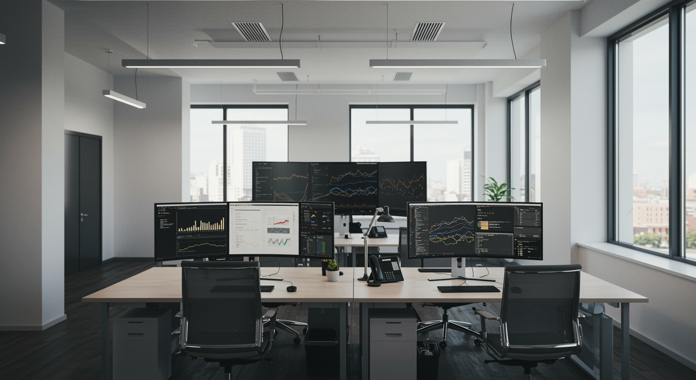 Contemporary marketing agency workspace with digital analytics displays, representing professional lead generation and SEO services