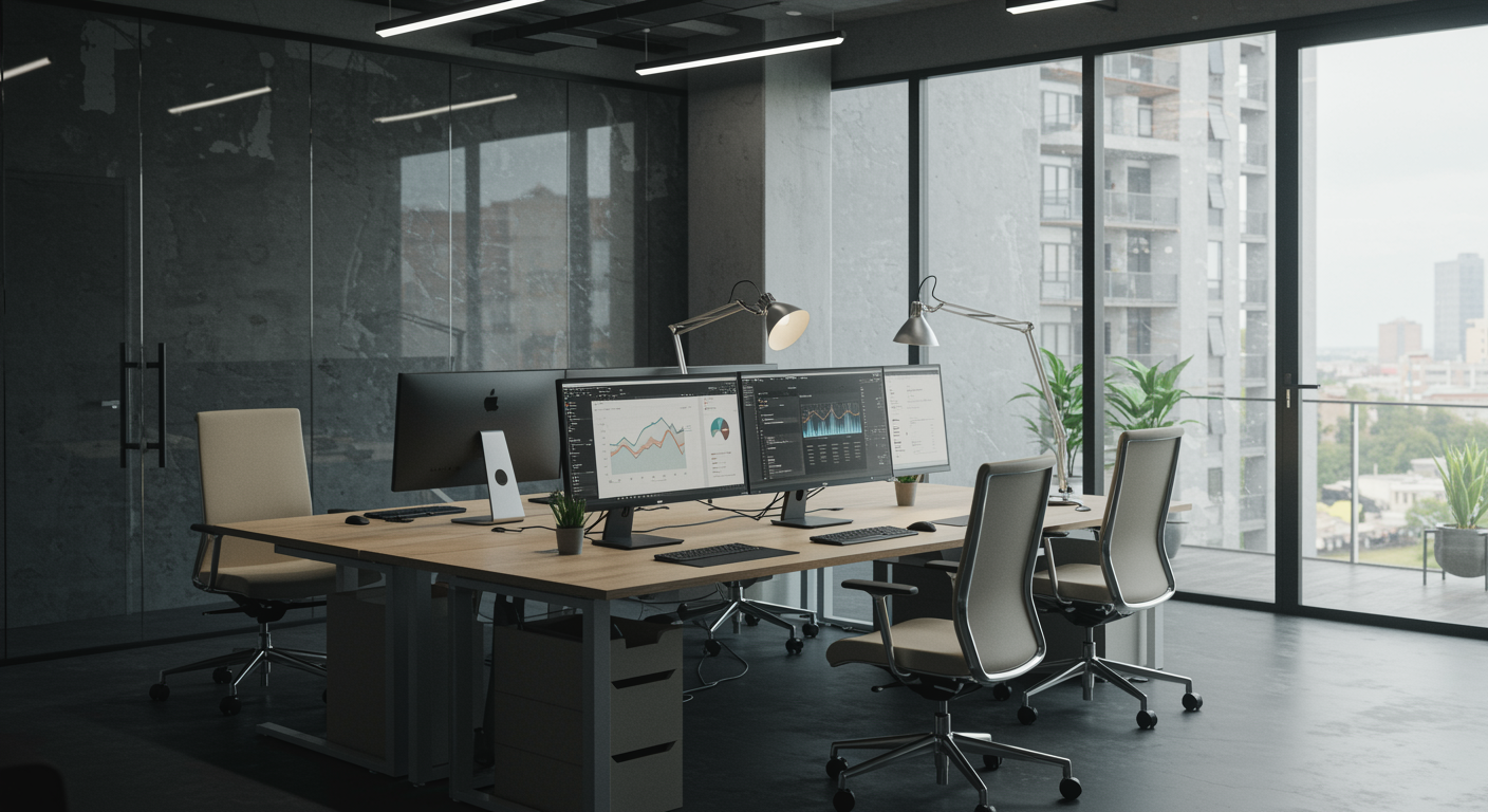 Modern lead generation marketing agency office interior with spacious collaborative workspace and stylish desks showcasing digital analytics