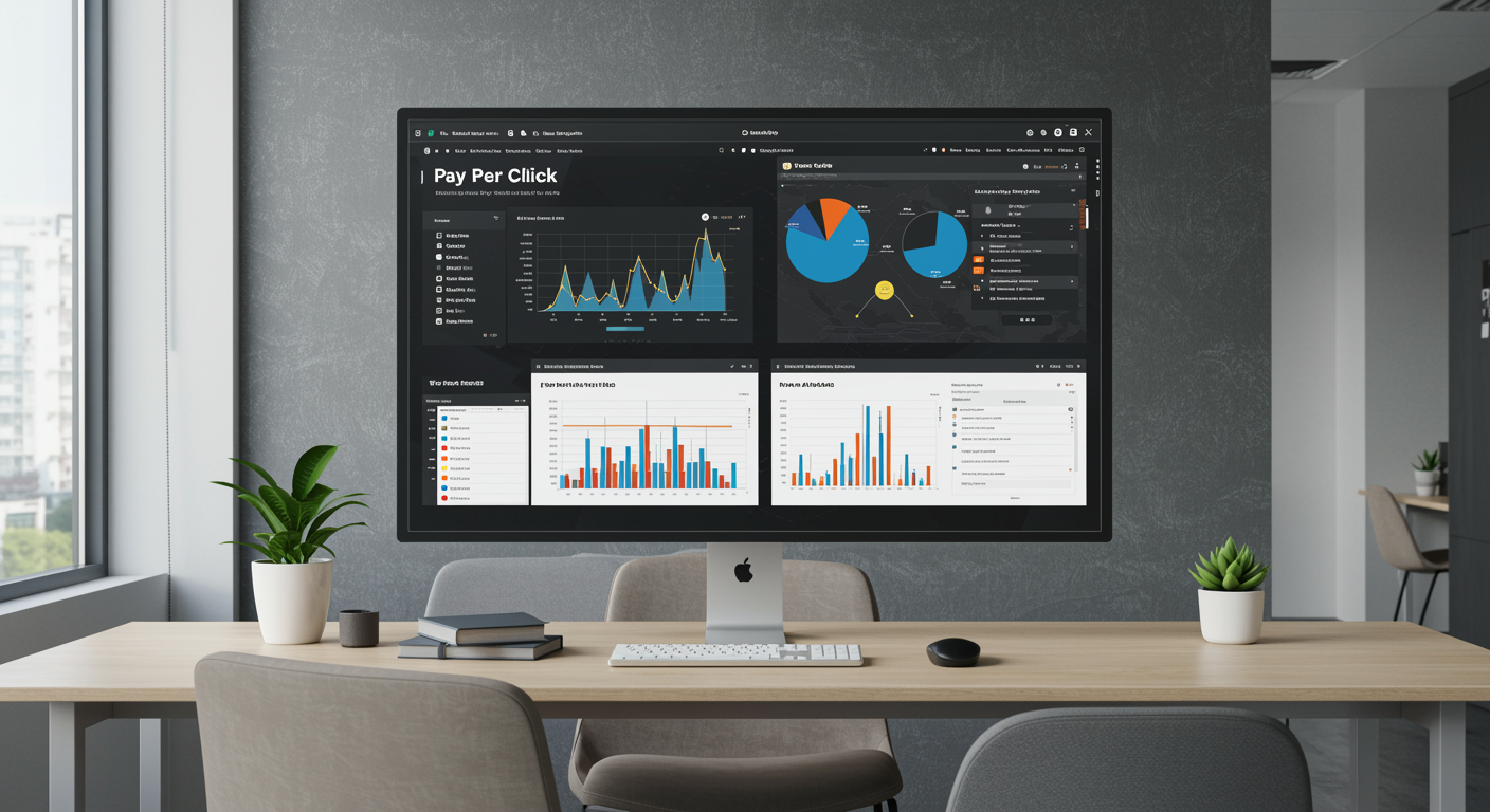 Modern office workspace with digital dashboard showing pay per click advertising metrics for lead generation marketing agency