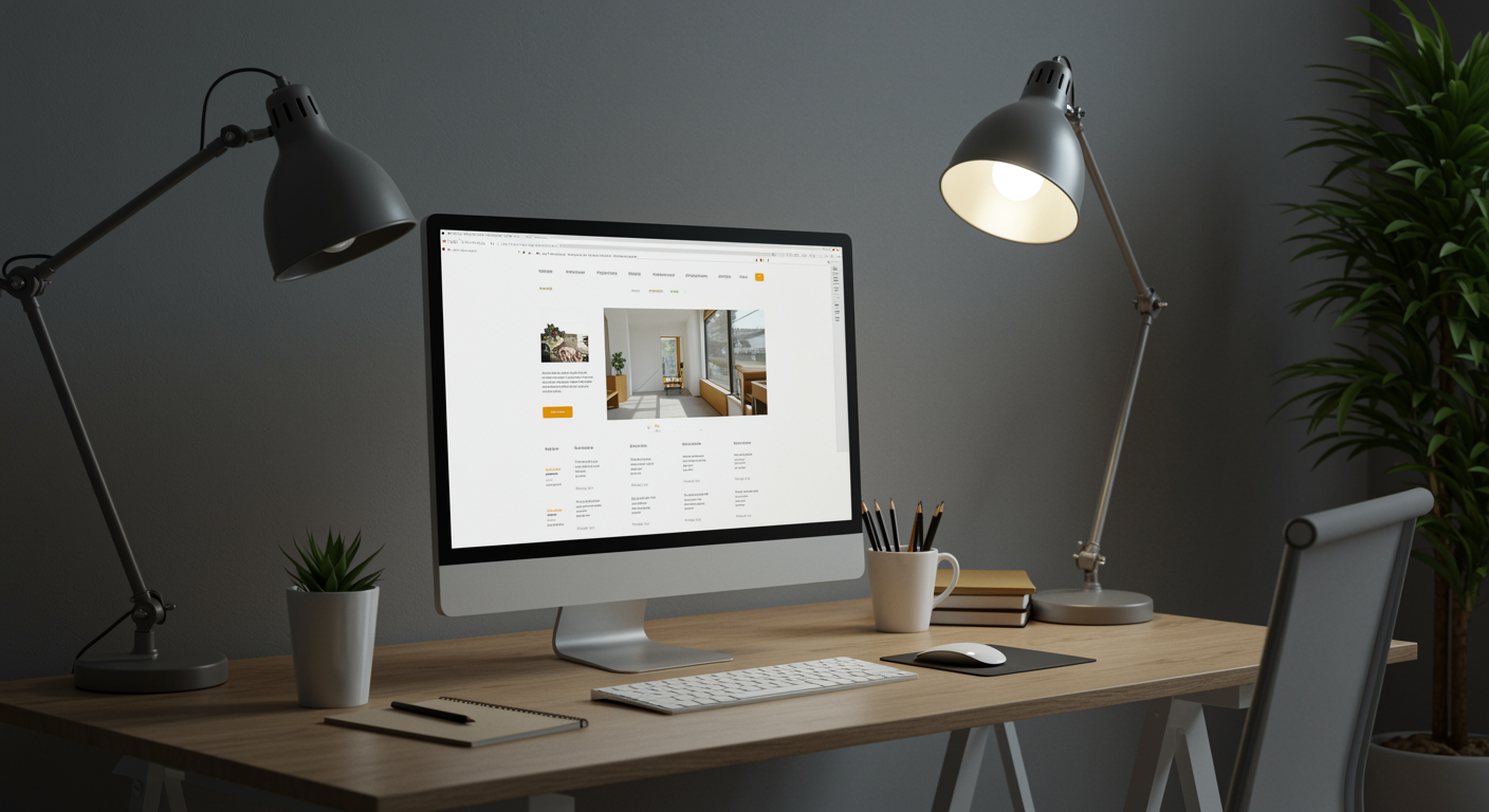 Modern office setup with computer showing web design project for lead generation marketing agency